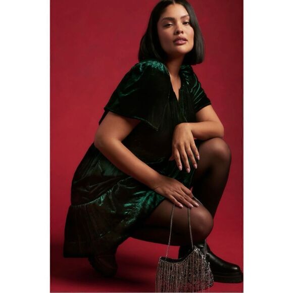 NEW Anthropologie Somerset Velvet V-Neck Smocked Tiered Mini Dress XXS or Medium - Picture 7 of 8